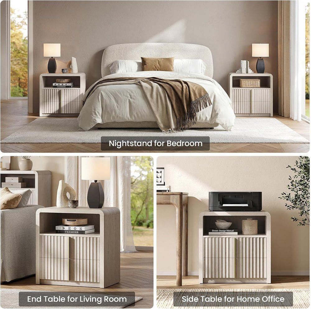 ModernMate Nightstand Set of 2, 23.6" Fluted Night Stand with 2 Drawer,Grey