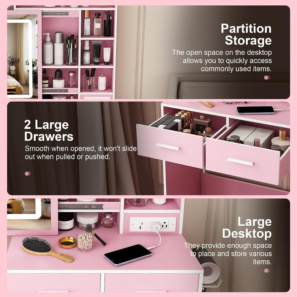 Small Vanity Desk Set with Mirror and Adjustable LED Lights, Compact Pink Dre...