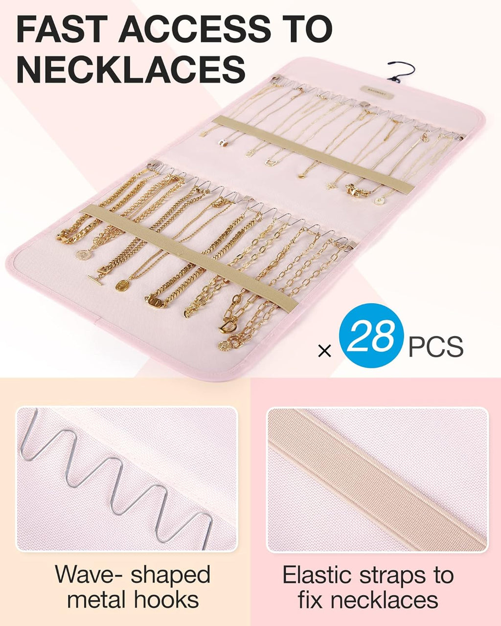 BAGSMART Hanging Jewelry Organizer Storage Roll with Hanger Metal Hooks Double-Sided Jewelry Holder for Earrings, Necklaces, Rings on Closet, Wall, Door, 1 piece, Medium, Pink