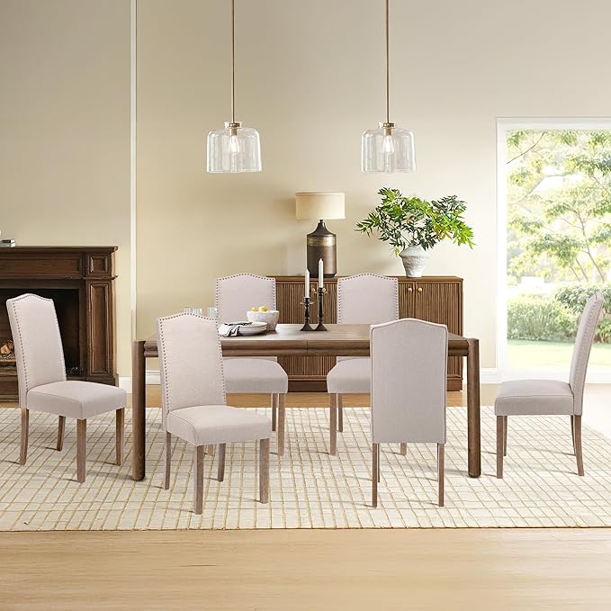 Upholstered Dining Chair Modern Stylish Parsons Kitchen Diner High Back with Silver Nailhead Trim & Wood Legs, Set of 4, Fabric Beige