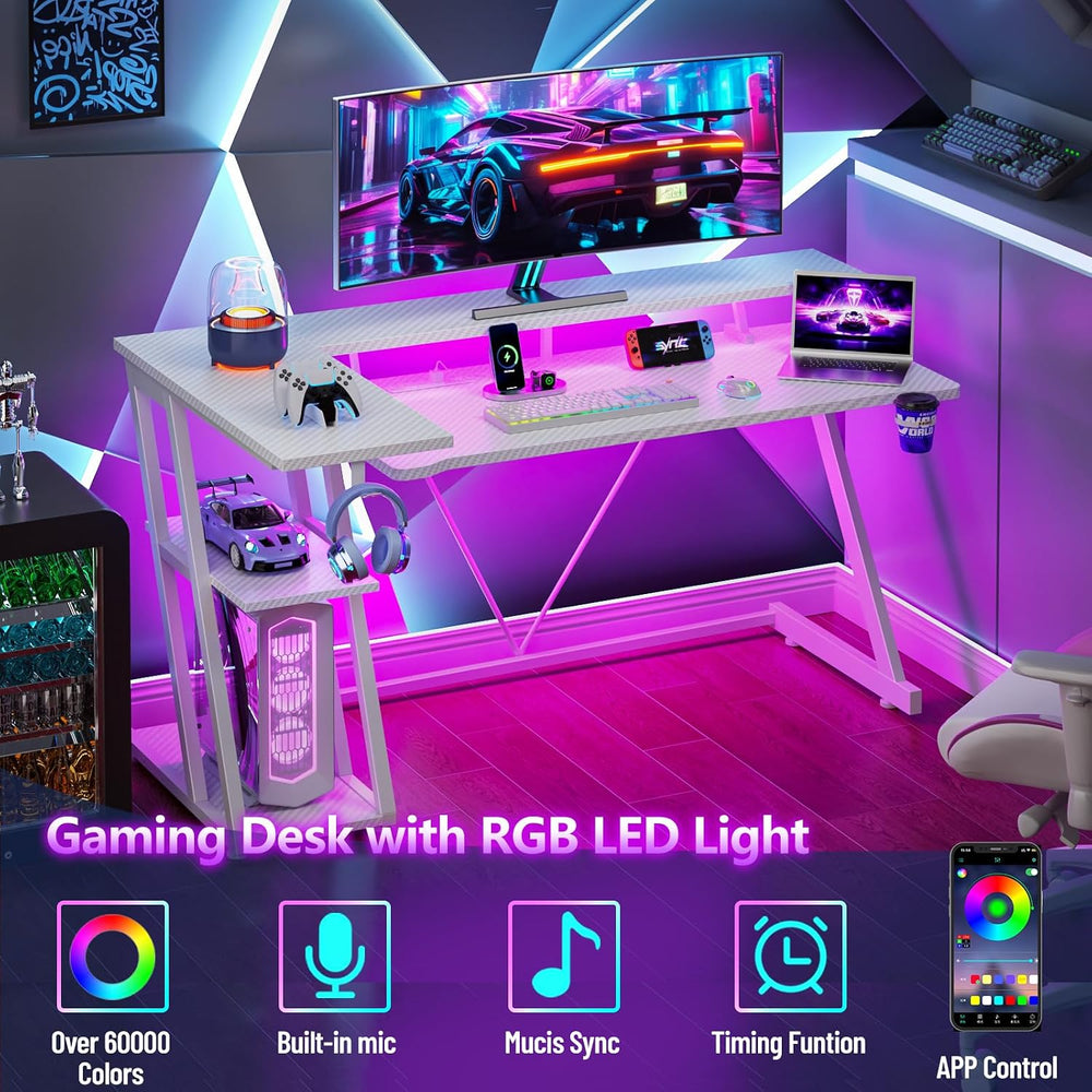 Korfile 55 Inch Gaming Desk with Power Outlet, LED, Carbon Fiber White