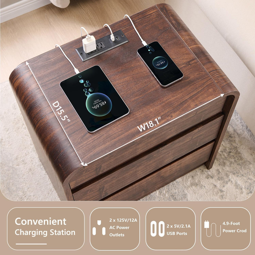 25" Tall Modern Nightstand Set of 2, 23.6" Wide Wood Bedside Table with Charging Station, 3 Storage Drawers Side Table w/Curved Profile Design,End Table for Bedroom, Living Room, Brown