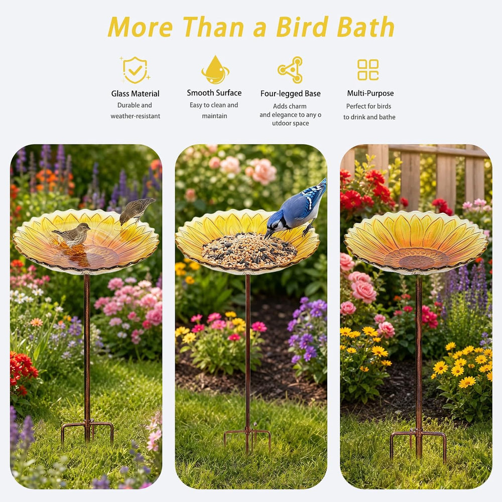 MUMTOP Glass Bird Bath, Garden Outdoor Birdfeeder with Metal Stake, Yellow