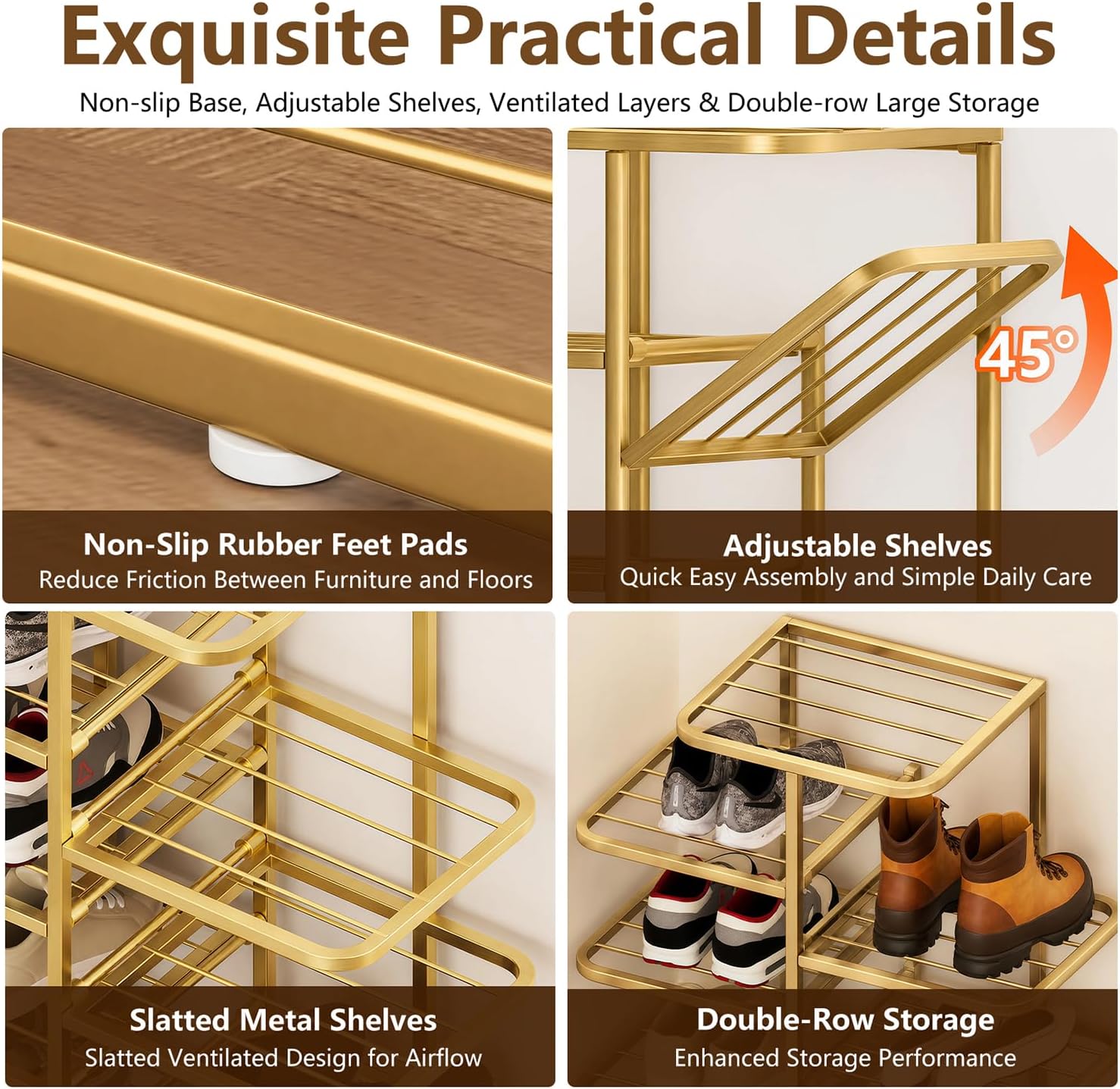 7 Tier Vertical Shoe Rack for Closet - Tall Narrow Metal Shoe Storage Tower with Staggered Shelves, Freestanding Shoe Organizer Stand for Entryway, Hallway, Bedroom and Small Spaces, Gold