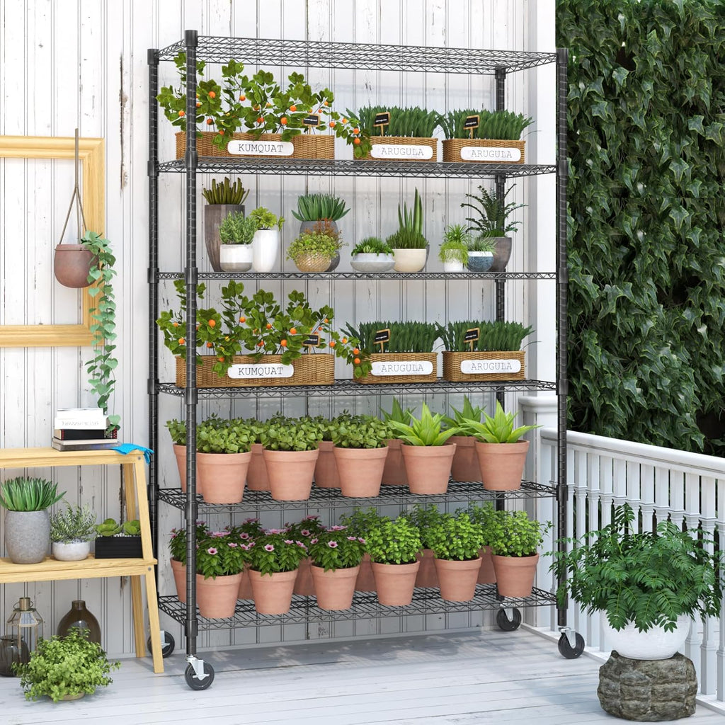Himimi 82" H Storage Shelves 6 Tier Metal Shelving Adjustable Wire Shelf with Wheels, Heavy Duty Shelving for Garage Kitchen Pantry Bathroom Laundry,18" D*48" W*82" H, Black