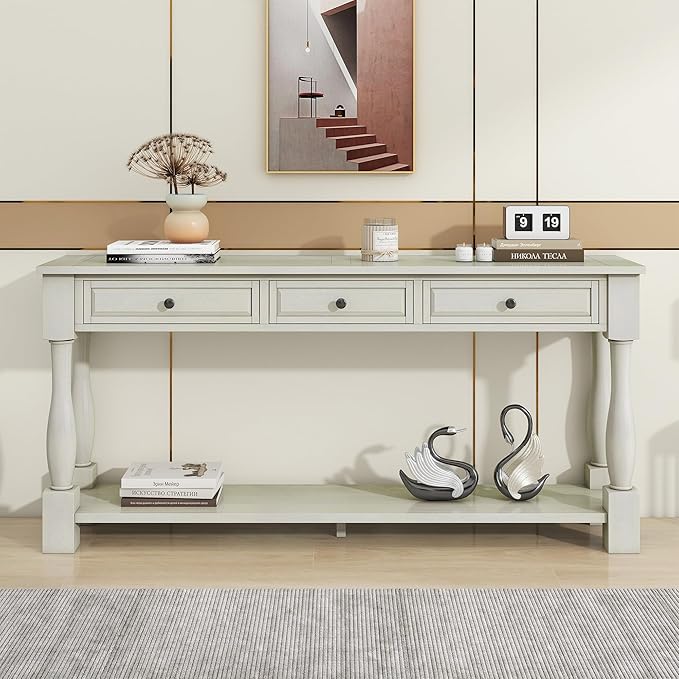 Merax 64" Classic Wood Console Table with Drawers and Bottom Shelf for Entryway Hallway Living Room (Antique White)