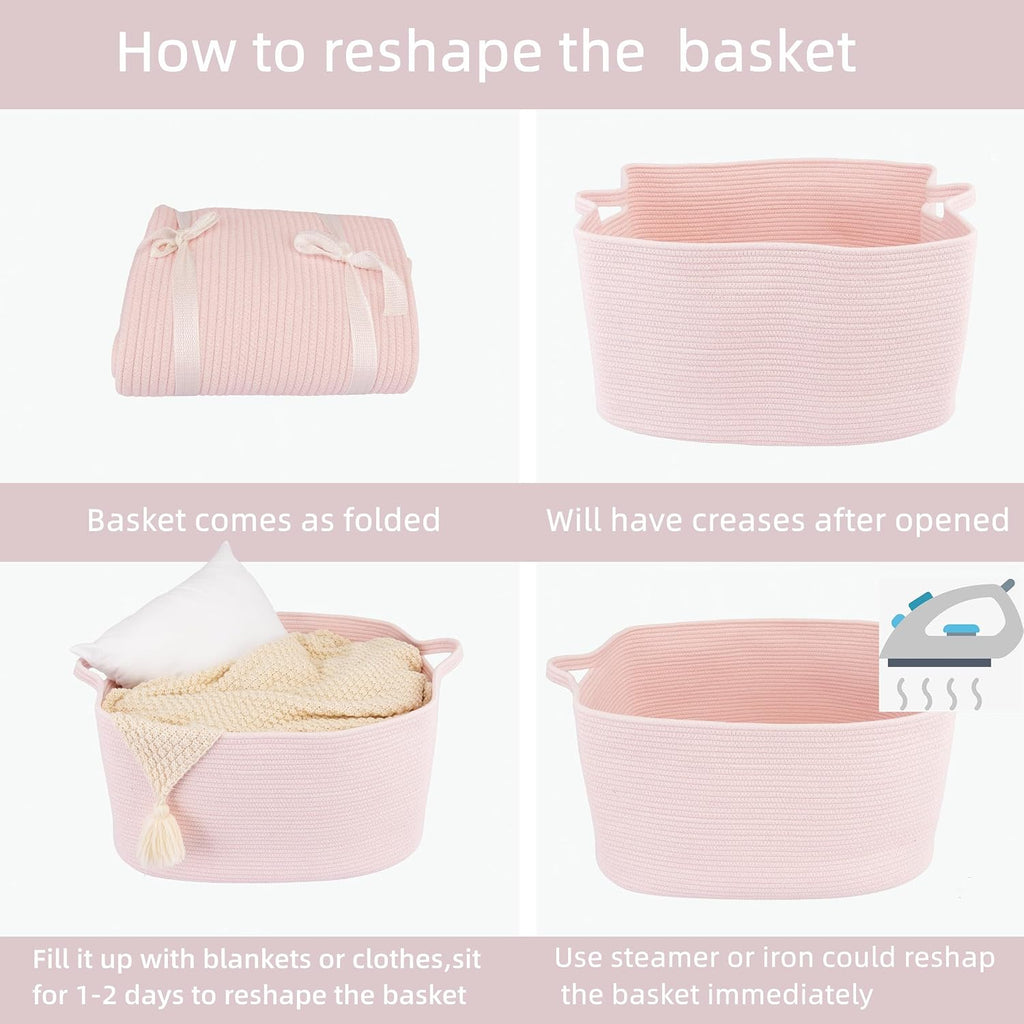 XUANGUO Large Rectangle Woven Cotton Rope Blanket Basket 22"x17"x12" Pink | Storage basket for nursery and living room; toy basket for kids, laundry basket for clothes and towels, or gift basket.