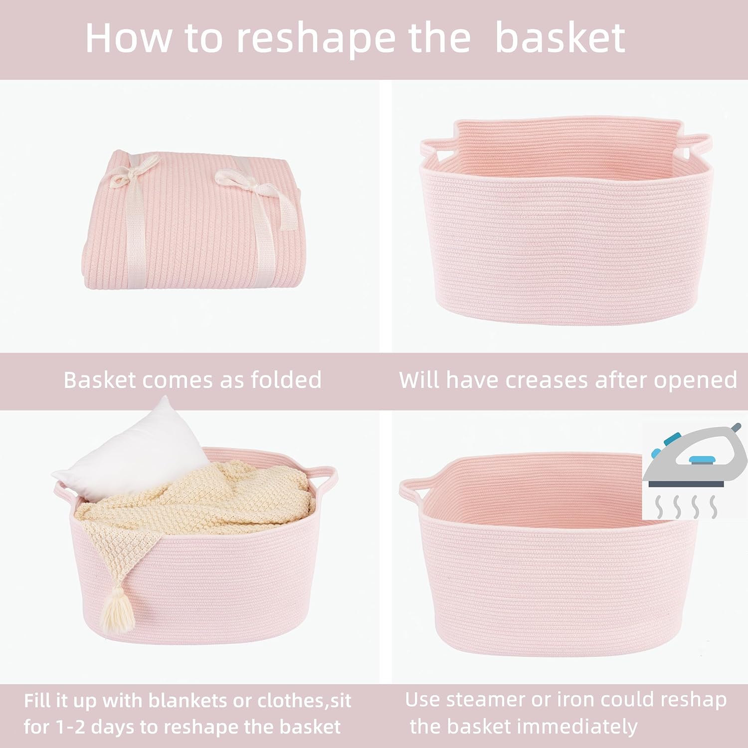 XUANGUO Large Rectangle Woven Cotton Rope Blanket Basket 22"x17"x12" Pink | Storage basket for nursery and living room; toy basket for kids, laundry basket for clothes and towels, or gift basket.