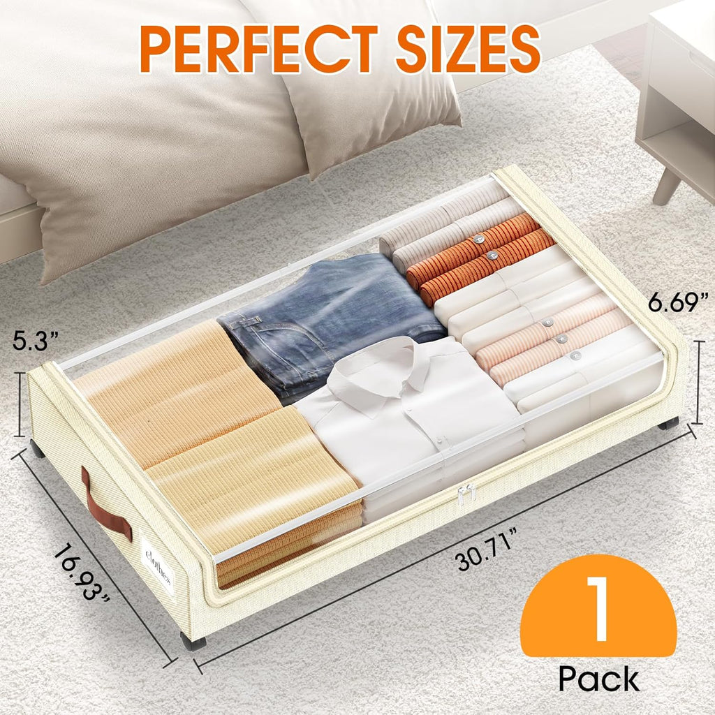Under Bed Storage with Wheels 1Pack Underbed Storage with Clear Window&Label Under Bed Drawers Large Capacity Rolling Under Bed Storage for Clothes,Shoes, Blankets (Beige)