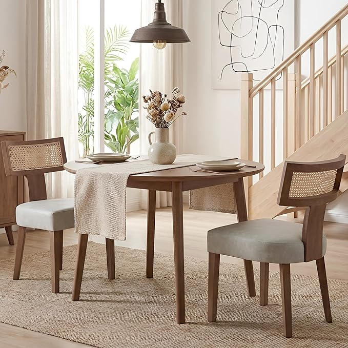 HNY Mid Century Modern Rattan Dining Chairs Set of 2, Farmhouse PU Leather Upholstered Accent Chair Curved Backrest Kitchen Chairs, with Hardwood Frame, Grey
