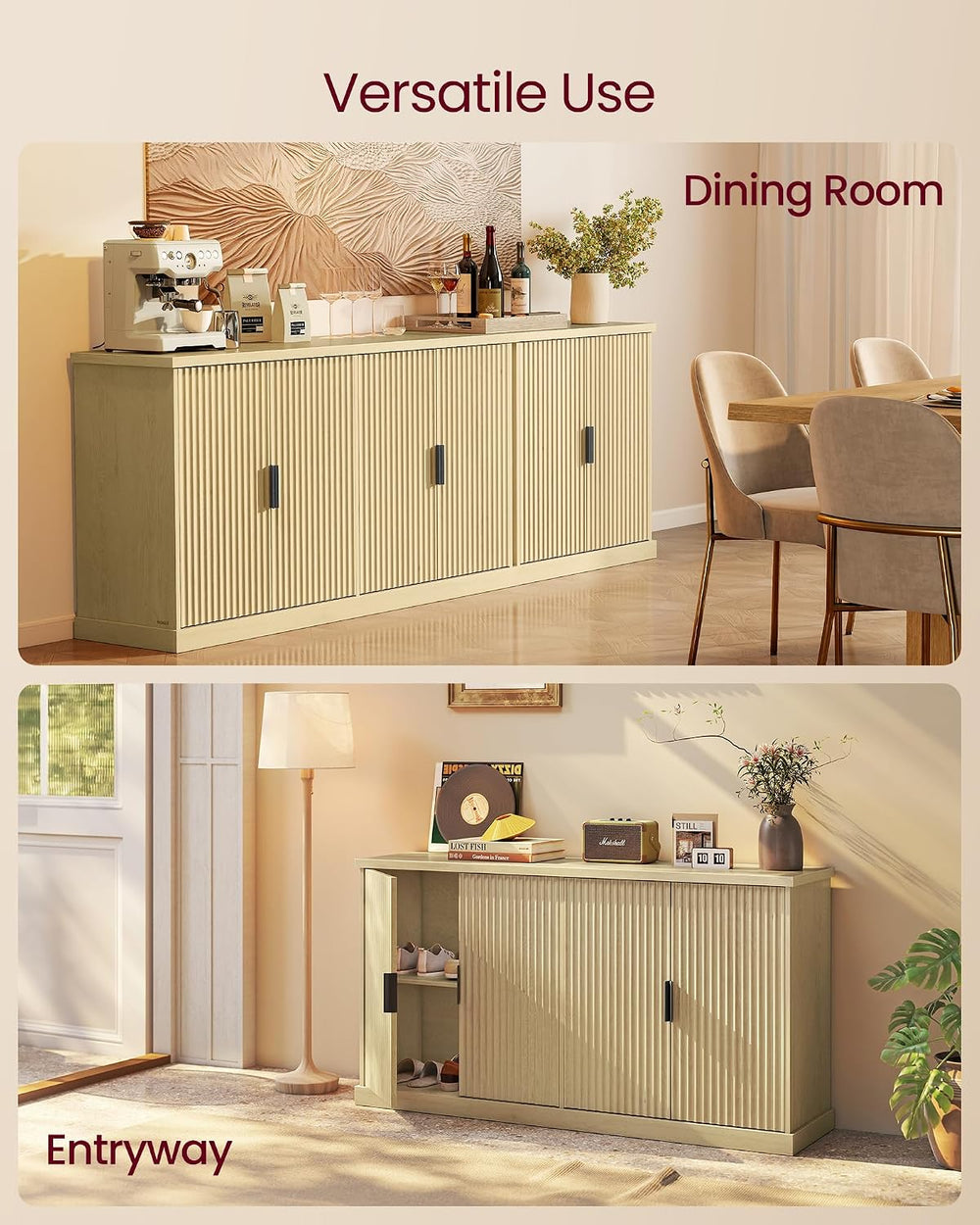VASAGLE Contemporary Buffet Cabinet with Adjustable Shelves, Fluted Doors