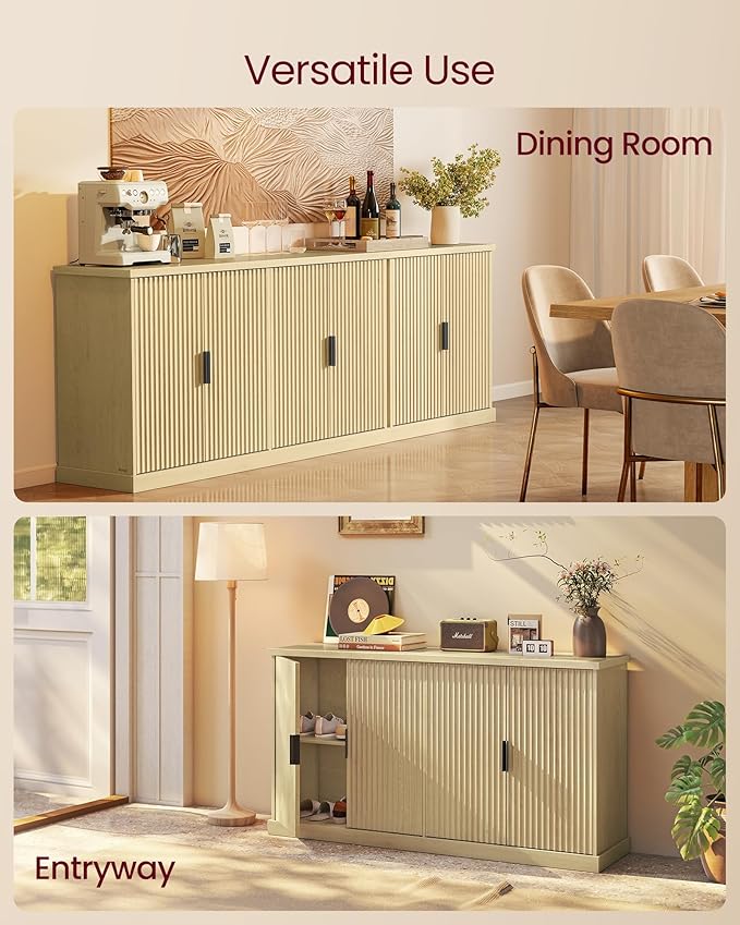 VASAGLE MAXE Collection - Buffet Cabinet, Console Cabinet, Sideboard with Adjustable Shelves, Fluted Doors, Transitional, Kitchen Pantry, Oak Beige UBBK382Y01S