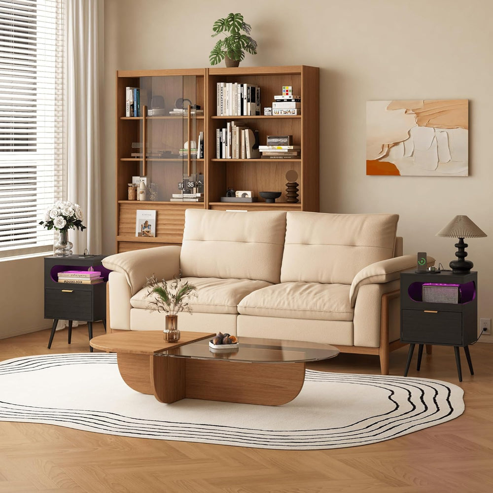 Veegle Nightstand,Modern Bedside Table with Storage Drawer and Open Wood Shel...