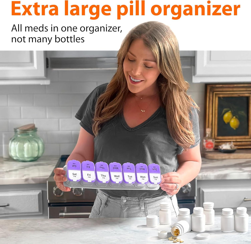 Extra Large Weekly Pill Organizer - XL Vitamin Holder with 7 Detachable AM PM Compartments - Portable Medicine Dispenser for Home and Travel, Big Supplement Container for Weekly or Daily Use, Purple