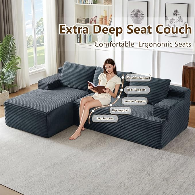 96.1" Modular Sectional Sofa Couches L-Shape Couch 3 Seat Modular Sofa Corduroy Memory Foam Sectional Boneless Couches for Living Room, Cloud Couch with Oversized Chaise(Dark Gray, Left Facing)