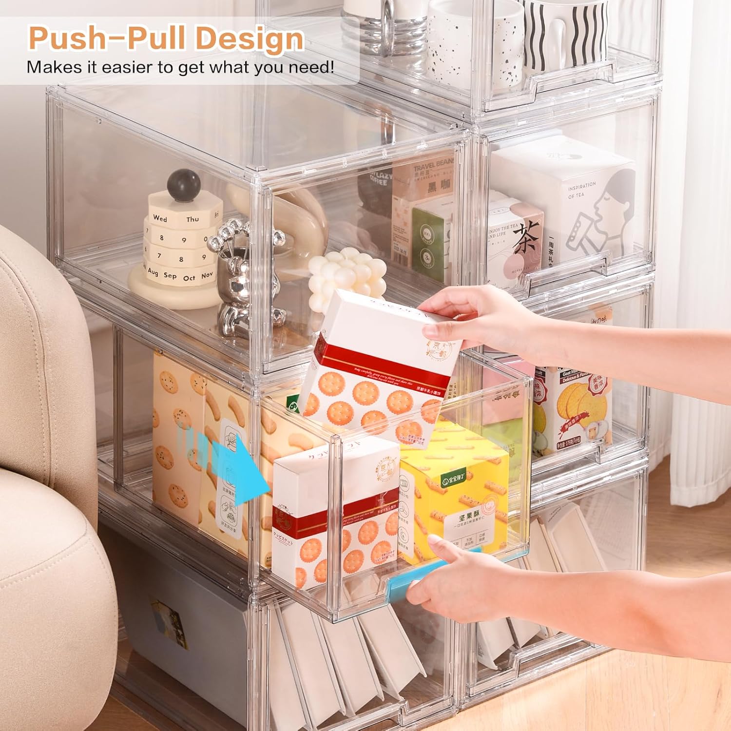 DILIBRA 2 Packs Plastic Stackable Storage Organizer Bins with Pull Out Drawer, Large Clear Acrylic Storage Drawers Container Boxes for Fridge Pantry Shelf Clost Refrigerator Organization and Storage
