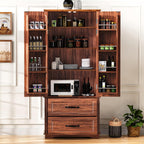 71" Farmhouse Freestanding Pantry Cabinet with Embossed Texture | 2 Large Drawers, 8 Door Shelves & 3 Adjustable Shelves | Kitchen, Dining & Living Room Storage (Brown)