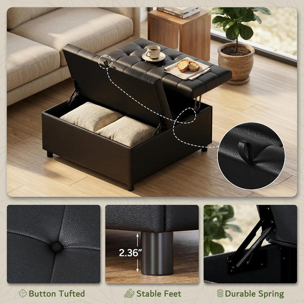 Black Leather 36 Inch Extra Large Lift Top Living Room Storage Ottoman | LINL...