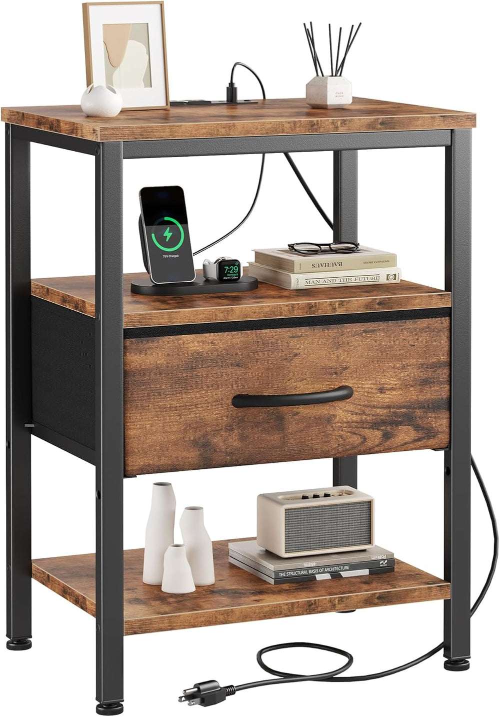 DUMOS Bedside Table with Charging Station and an Adjustable Fabric Drawer, an...