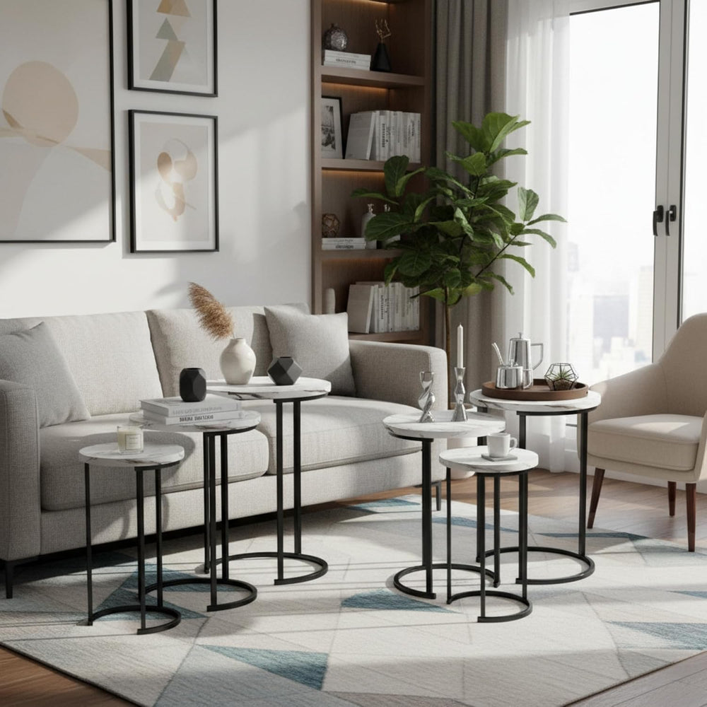 Lavish Home Round Nesting Tables Set of 6, Faux Marble Tabletop, White | 25”H...