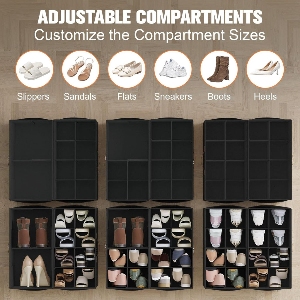 Shoe Organizer for Closet, 2 Pack Foldable Shoe Storage Organizer with Adjustable Dividers, Shoe Storage Box with Clear Cover, Fits up to 16 Pairs, Black