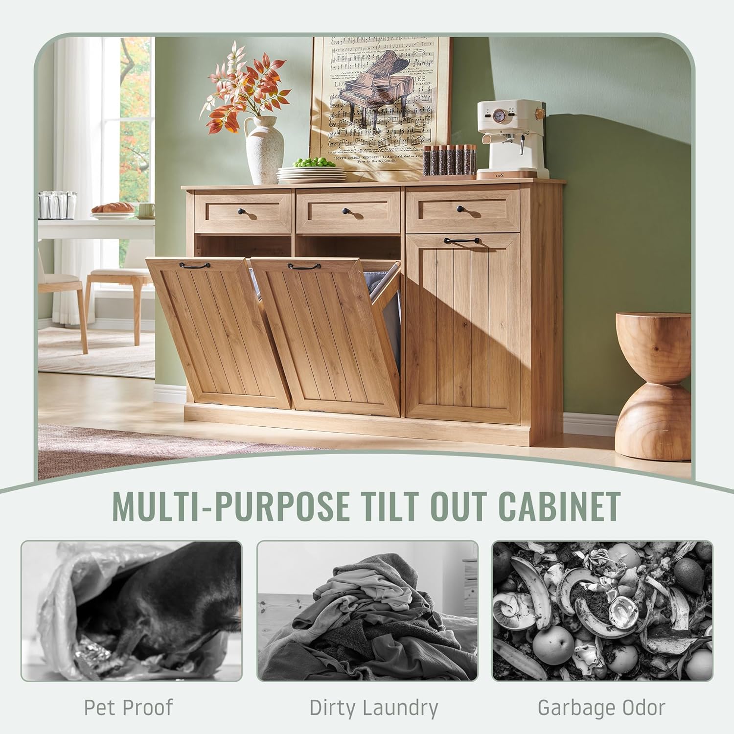 Triple Tilt Out Laundry Hamper Cabinet, 20 Gallon Farmhouse Trash Can Cabinet w/Drawer & Adjustable Shelf, Hidden Garbage Can Bin Cabinets w/Laundry Basket for Bathroom, Kitchen (Natural)