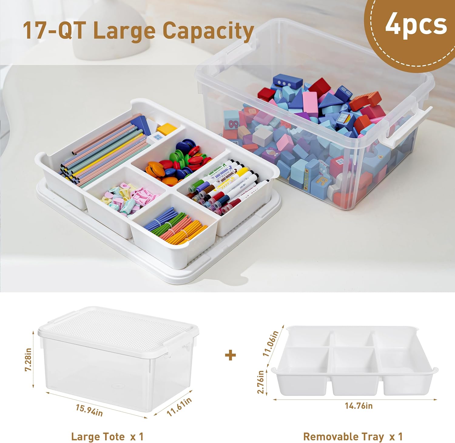 Citylife 17 QT Storage Bins with Building Baseplate Lid and Removable Tray Large Plastic Storage Bins Lego Organizers and Storage Bead, Tool, Sewing, 4 Packs