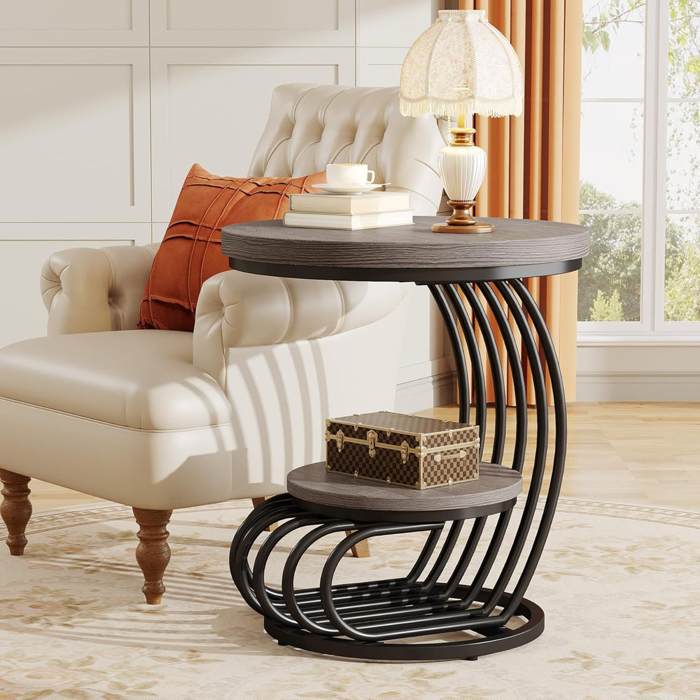 Tribesigns Round End Table: 2 Tiers Wood Side Table Set of 2 with Storage She...