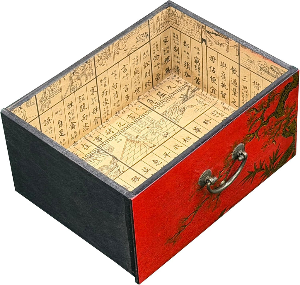 Oriental Bright Red Golden Flower Bird Graphic Drawers Chest Aws5065