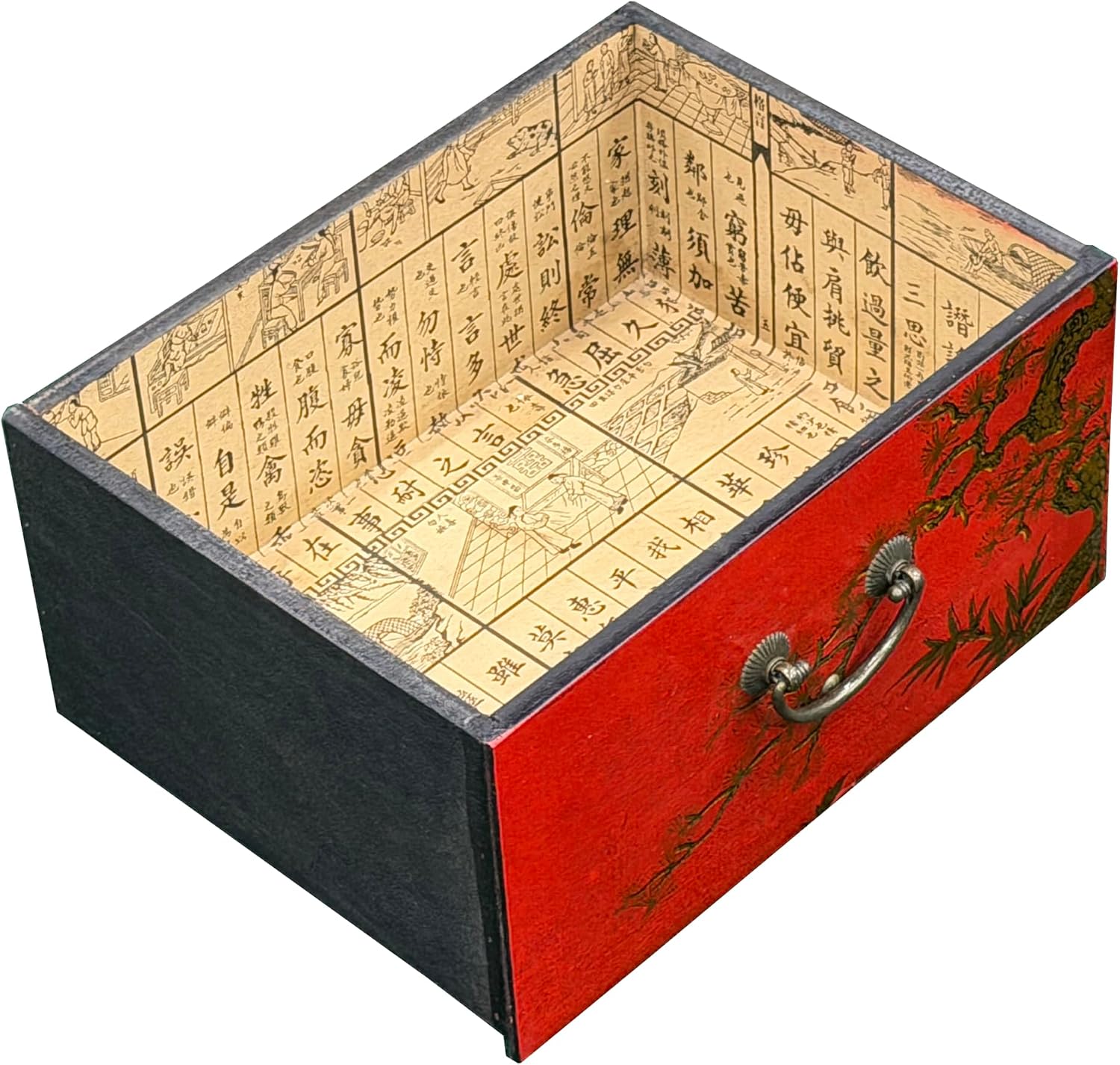 Oriental Bright Red Golden Flower Bird Graphic Drawers Chest Aws5065