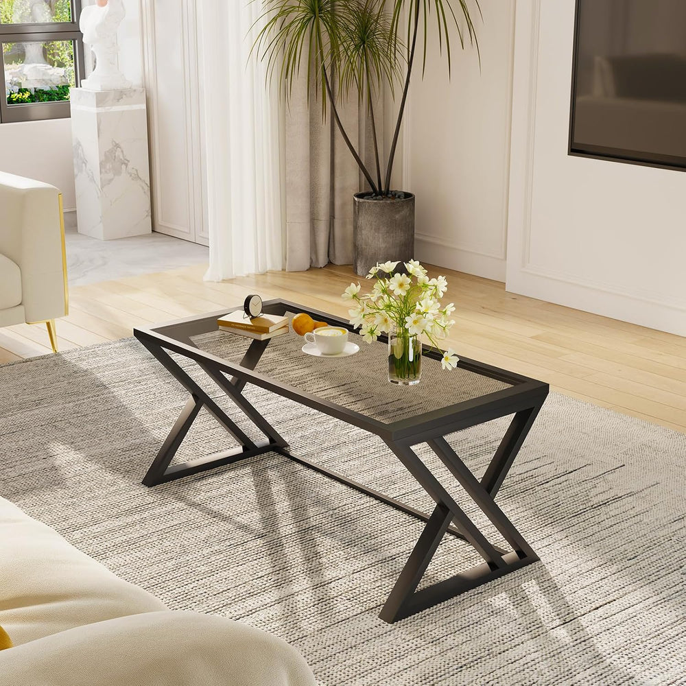 Wolawu Coffee Table Grey Glass Coffee Tables for Living Room, Center Table