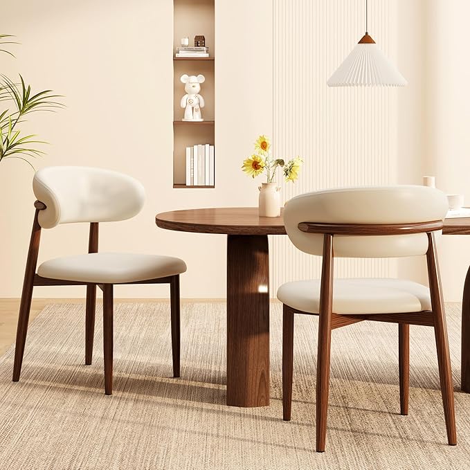 Kitchen Dining Chairs Set of 2 Modern Upholstered Leather Farmhouse Dining Room Chair with Metal Legs, Walnut/Beige