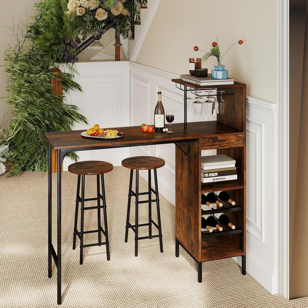 GOFLAME Bar Table Set for 2, Counter Height Dining Table Set with Shelves, Cu...
