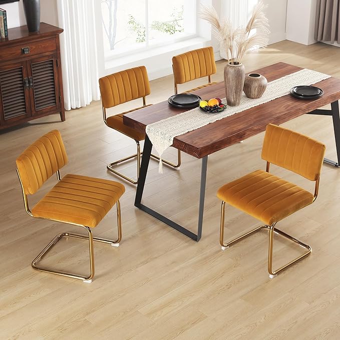 ONEVOG Orange Velvet Dining Chairs Set of 2, Upholstered Kitchen & Dining Room Chair, Comfy Dinner Chair with Gold Metal Legs, Cantilevered Design Seat for Bedroom, Living Room