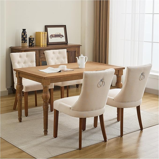 Upholstered Tufted Dining Chairs Set of 4, Fabric Side Dining Room Chairs with Nailhead Back Ring Pull Trim Solid Wood Legs, Beige
