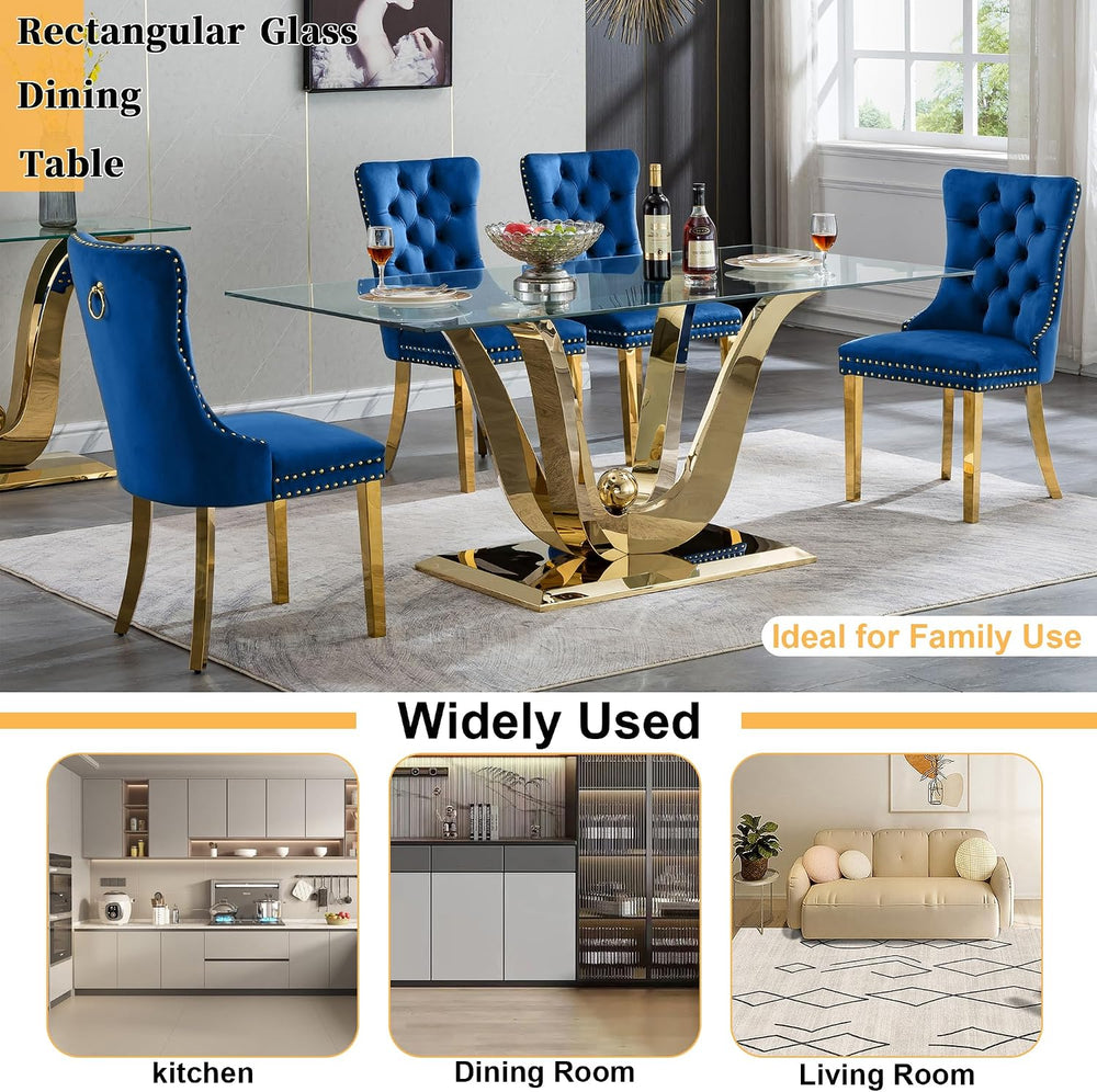 70" Modern Gold Glass Dining Table Set for 4, 5-Piece Rectangle Kitchen ...
