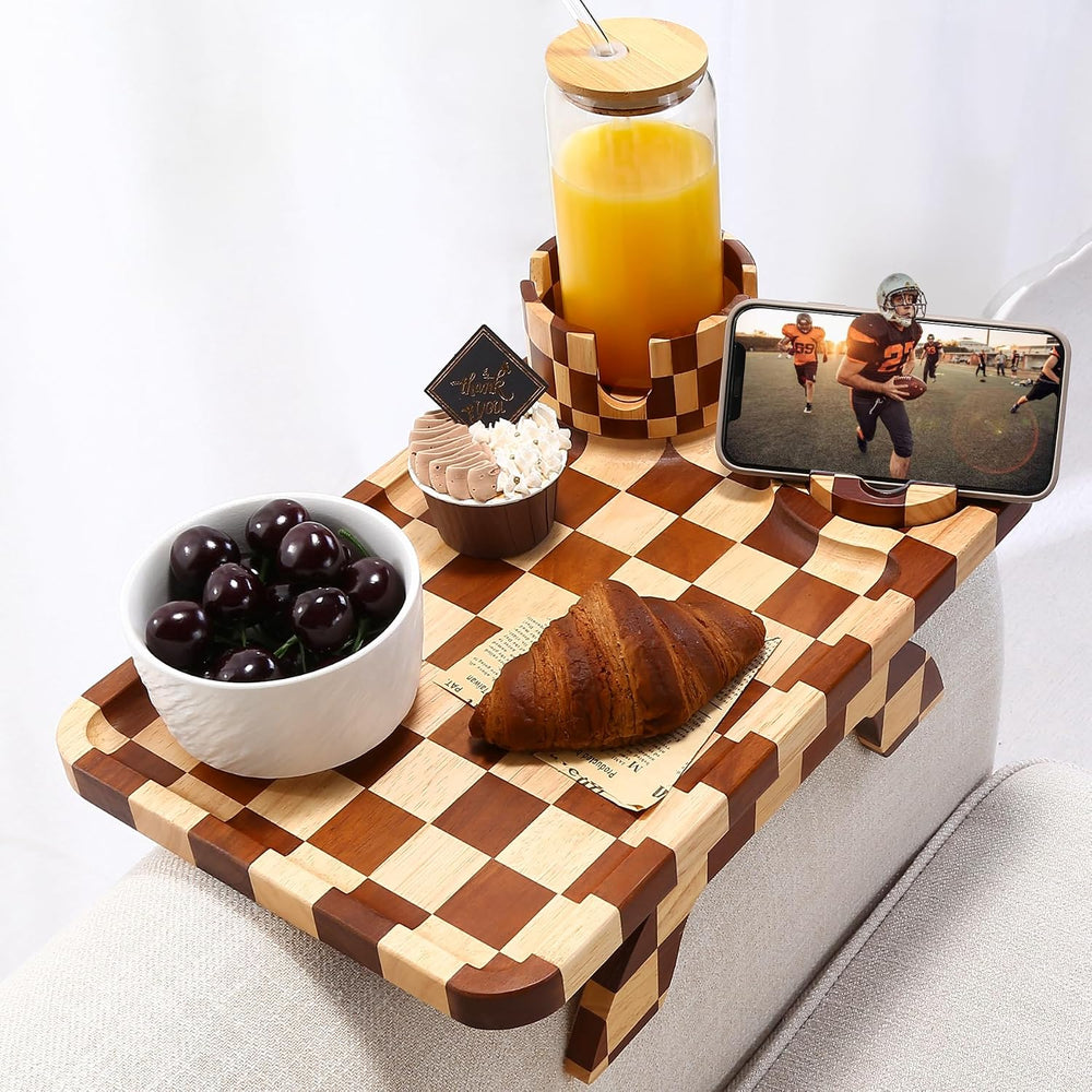 Nnewvante Checkerboard Couch Armrest Table, 3 in 1 Clip-on Table Rubberwood