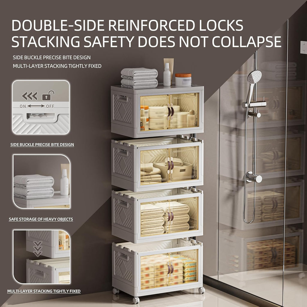 268 QT / 67 Gal White Storage Bins with 1 Lid - Collapsible Stackable Cabinet Organizer w/Wheels & Magnetic Doors, Plastic Storage Box for Office Closet Organization