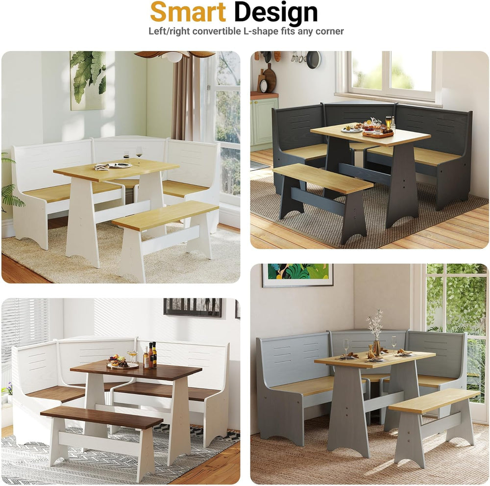 ENOR 3-5 People Breakfast Nook Set, L-Shaped Corner Dining Table with Bench, ...