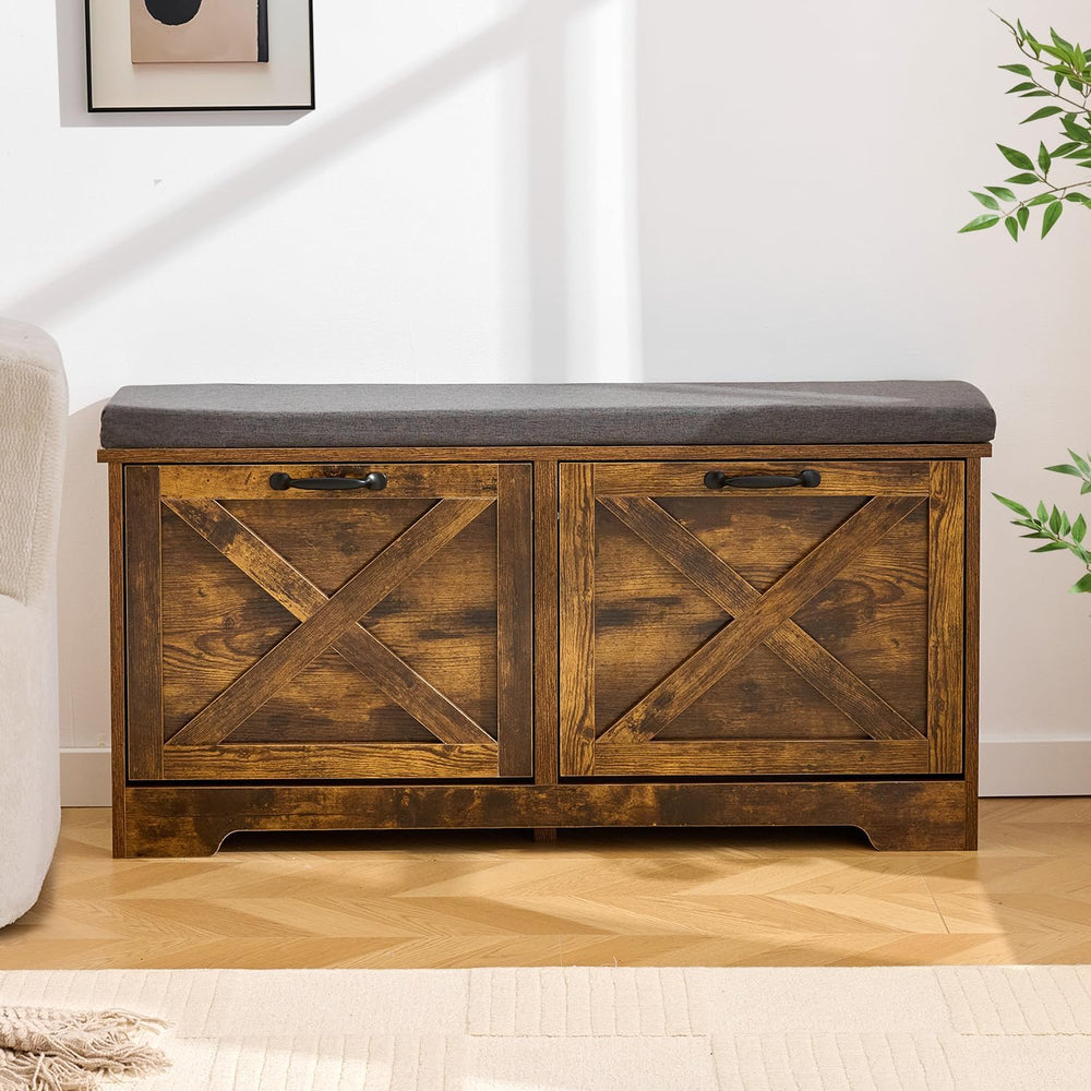 Brown Shoe Storage Bench with 2 Flip Drawers, Entryway Bench with Removable S...