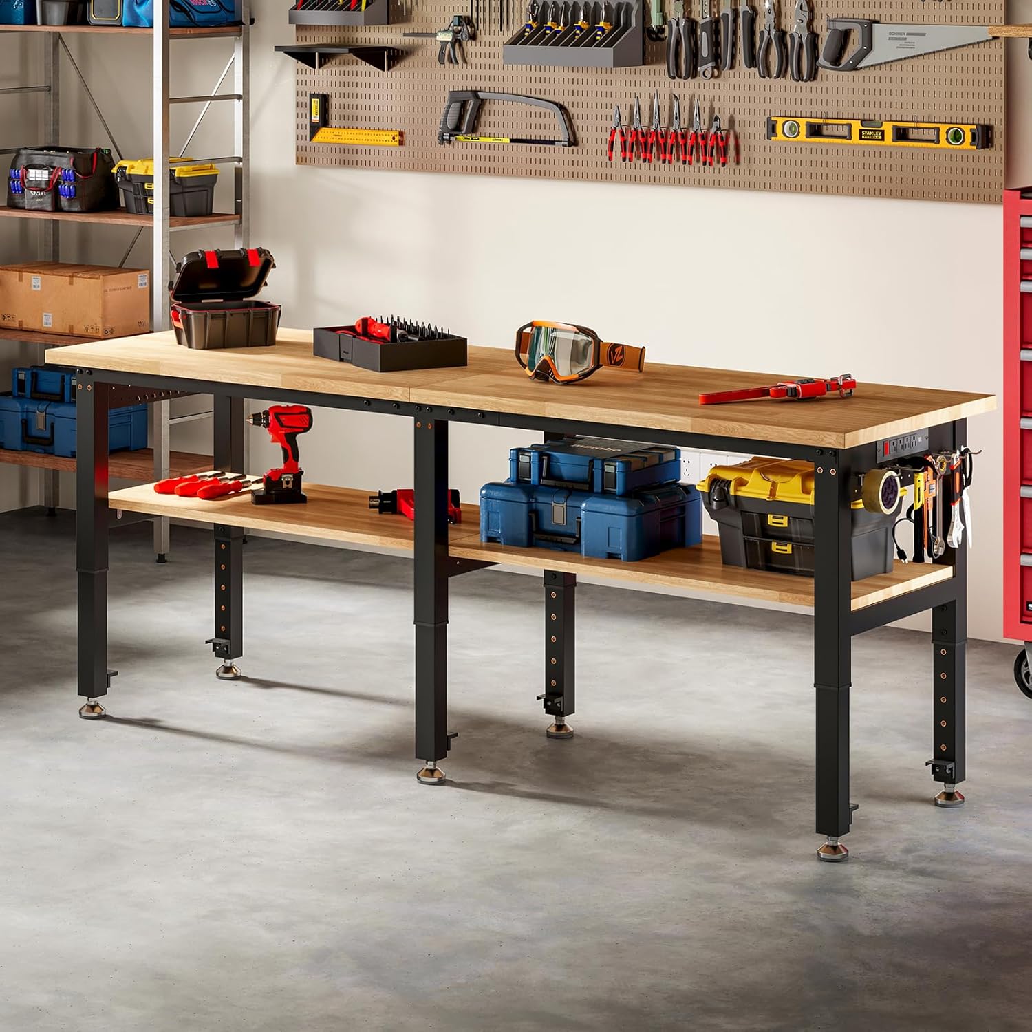 SPECRAFT Adjustable 2-Tier Workbench with 4 AC Outlet and 2 USB Ports Power Outlets, 2000 Lbs Capacity Heavy Duty Workbench, Rubber Wood Top for Garage, Workshop, Office（84x20in）