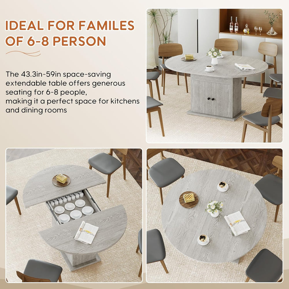 43.3in-59in Extendable Round Dining Table for 4-8, Modern Expandable Kitchen ...