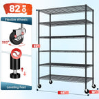 82" H X45 W X18 D Storage Shelves with Wheels, 6 Tier Wire Shelving Adjustable Metal Shelving Pantry Shelves Capacity 1200LBS for Garage Shelving, Pantry, Kitchen, Closet, Commercial, Black