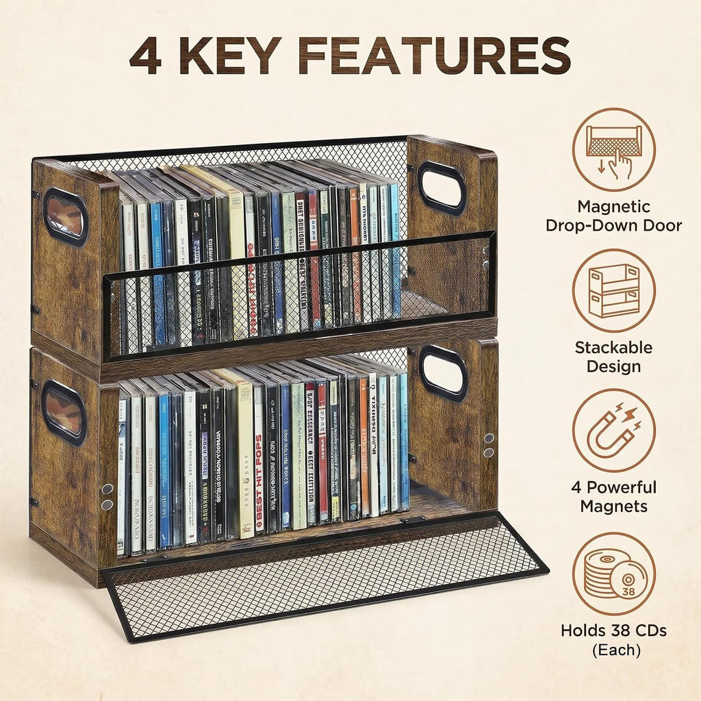 PUTNATRURE CD Storage Box, Hold 38 CD Cases, Stackable Music Tower with Magnetic Opening Door for Easy Access, Desktop Disc Organizer for Home and Office