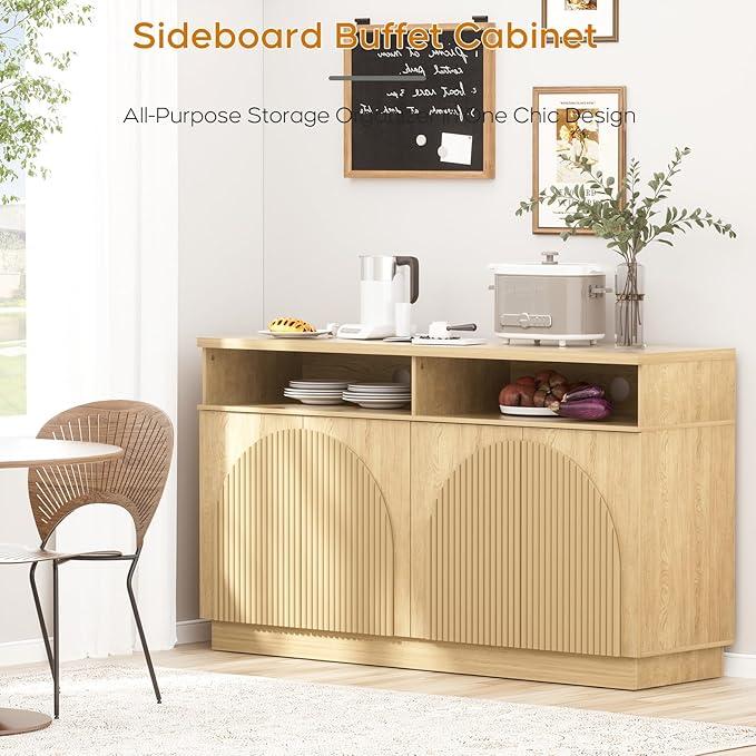 Yechen Fluted TV Stand with 4 Arched Reeded Design Doors, Modern Entertainment Center with Storage for Up to 55 Inch, Media Console, Multi-Functional TV Cabinet for Living Room, Natural Oak