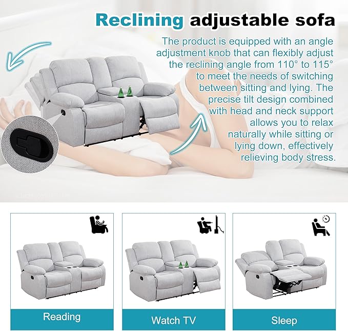 Recliner Sofa Set Couches for Living Room Chair Line Fabric Living Room Furniture Sets, Adjusted Loveseat Reclining Couch Furniture Sofa Set for Theater Seating, Grey White