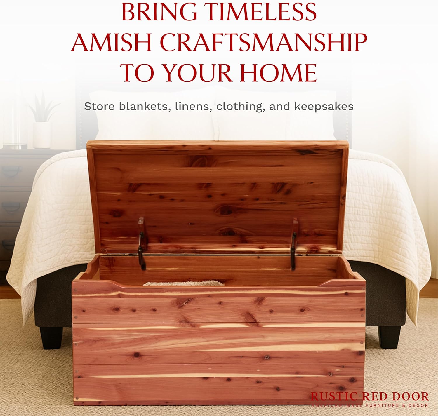 Amish Made Wooden Storage Chest Trunk Box with Lid and Handles for Bedroolanket, Clothes, Anti-Slam Hinges, Handmade, Rustic, Cedar Wood, Natural Stain, 36"