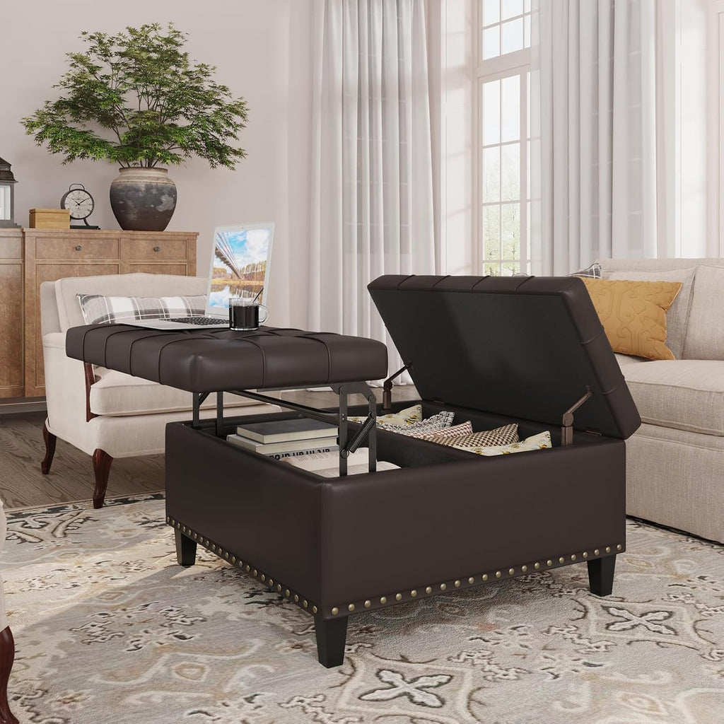 FiveWillowise 31.5 Inch Large Square Ottoman with Storage,Faux Leather | Coffee Table Storage Ottoman Bench with Lift Top Upholstered Footrest Stool Toy Box for Bedroom Living Room,Chocolate