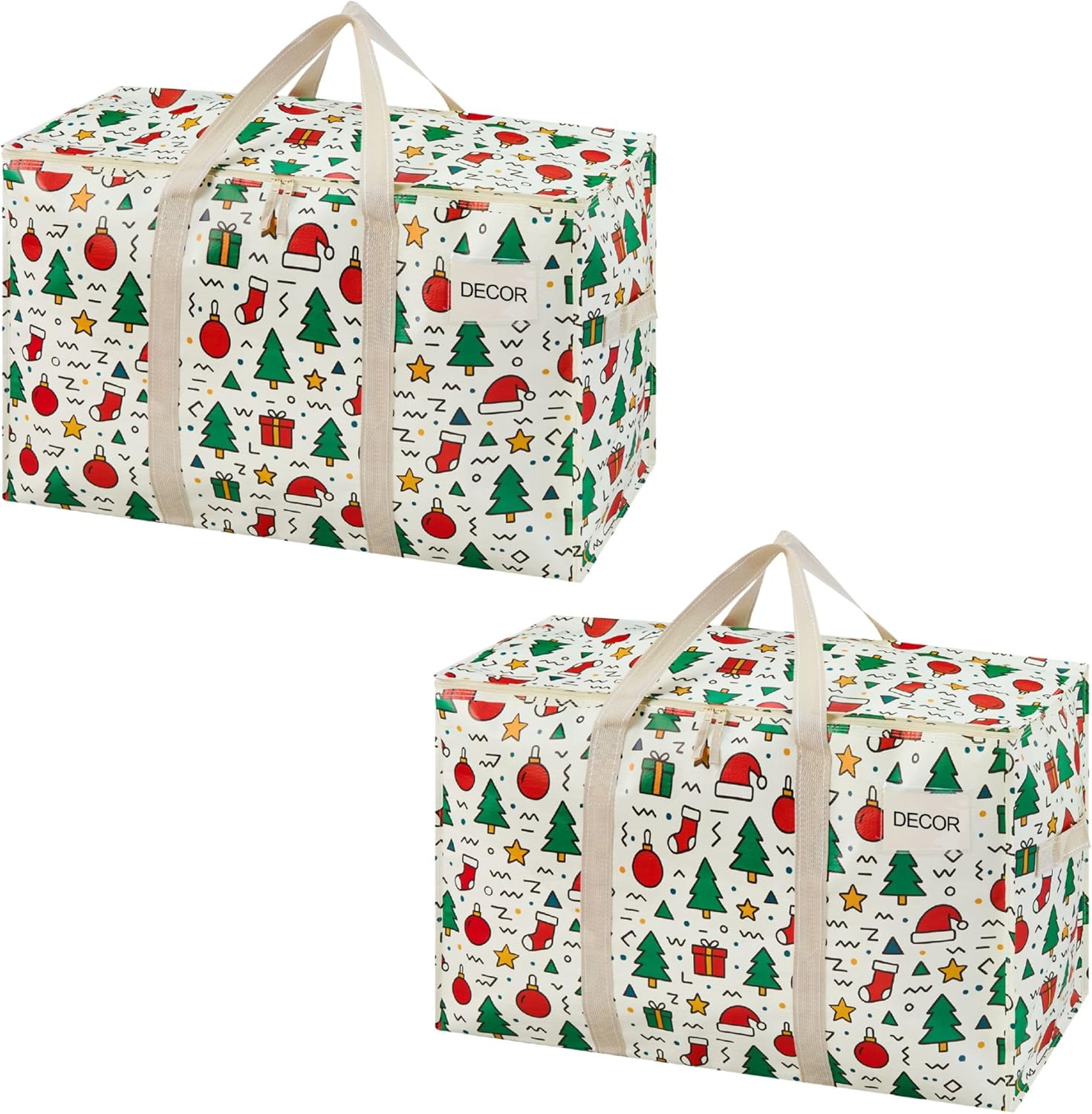 VENO 2 Pack Moving Bags and Large Christmas Storage Bins with lids. Alternative to Moving Boxes, Packing Supplies for College. Extra Large Heavy Duty Totes for Packaging (Jingle Mix, 2 Pack)