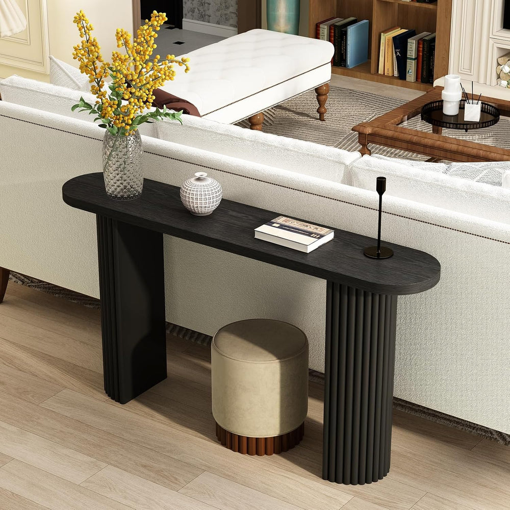 55" Long Fluted Solid Wood Console Table with Semi Circle Legs | Black, ...